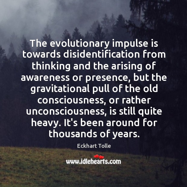 The evolutionary impulse is towards disidentification from thinking and the arising of Eckhart Tolle Picture Quote