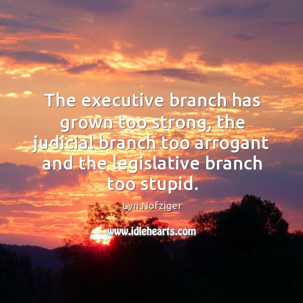 The executive branch has grown too strong, the judicial branch too arrogant and the legislative branch too stupid. Lyn Nofziger Picture Quote