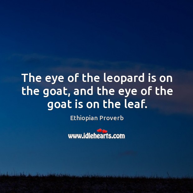 The eye of the leopard is on the goat, and the eye of the goat is on the leaf. Ethiopian Proverbs Image