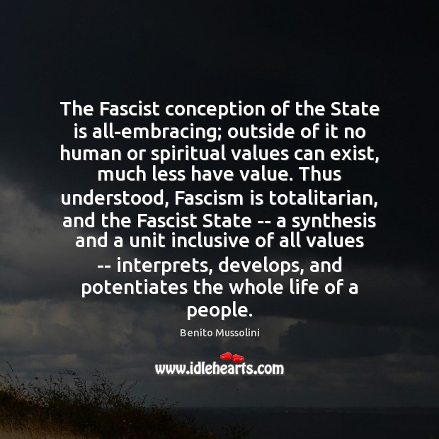 The Fascist conception of the State is all-embracing; outside of it no Benito Mussolini Picture Quote