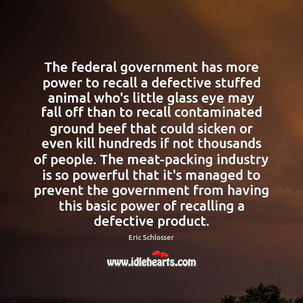The federal government has more power to recall a defective stuffed animal Eric Schlosser Picture Quote