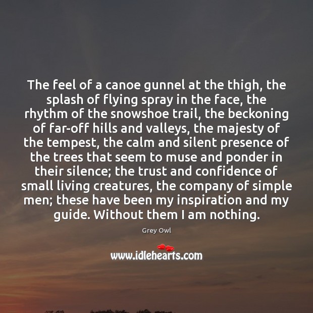 The feel of a canoe gunnel at the thigh, the splash of Grey Owl Picture Quote
