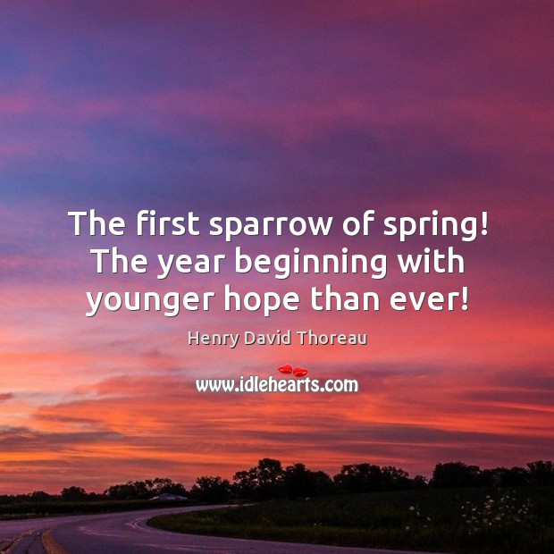 The first sparrow of spring! The year beginning with younger hope than ever! Henry David Thoreau Picture Quote