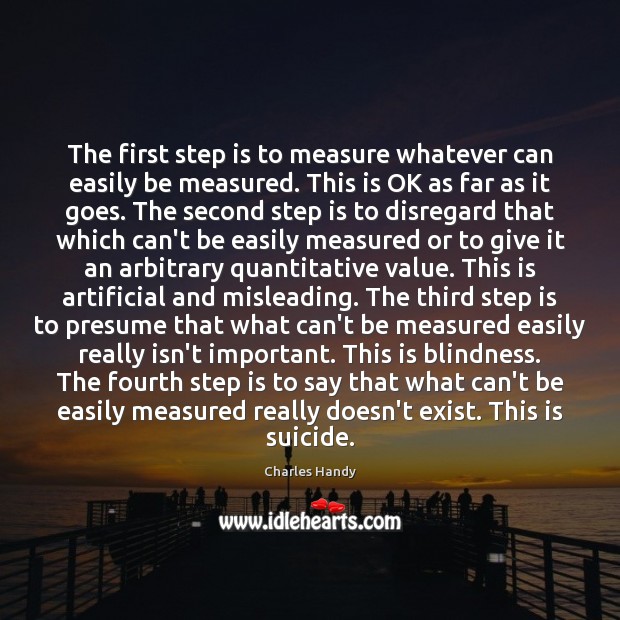 The first step is to measure whatever can easily be measured. This Charles Handy Picture Quote