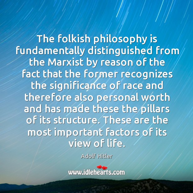 The folkish philosophy is fundamentally distinguished from the Marxist by reason of Adolf Hitler Picture Quote