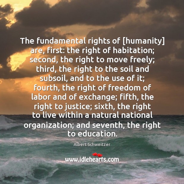 The fundamental rights of [humanity] are, first: the right of habitation Albert Schweitzer Picture Quote