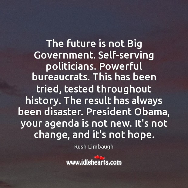 The future is not Big Government. Self-serving politicians. Powerful bureaucrats. This has Rush Limbaugh Picture Quote