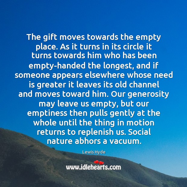 The gift moves towards the empty place. As it turns in its Image