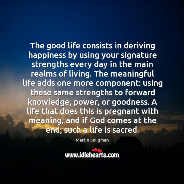 The good life consists in deriving happiness by using your signature strengths Image