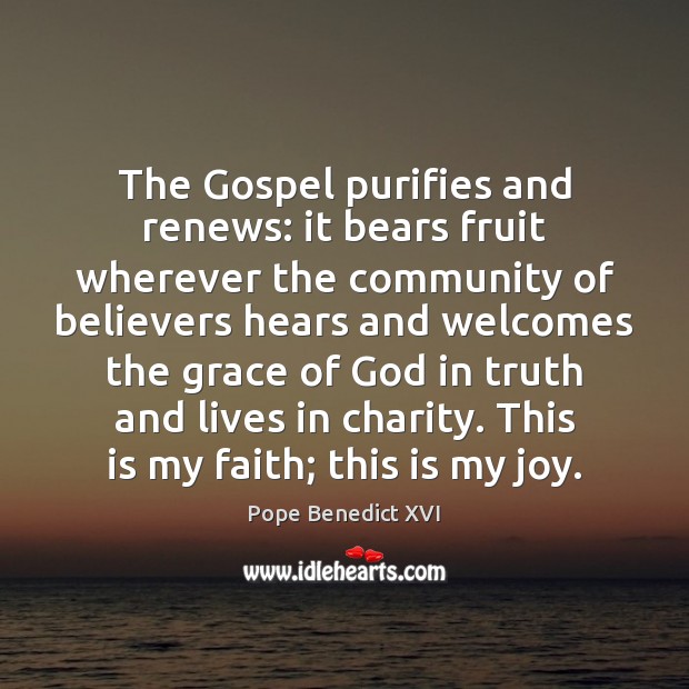 The Gospel purifies and renews: it bears fruit wherever the community of Pope Benedict XVI Picture Quote