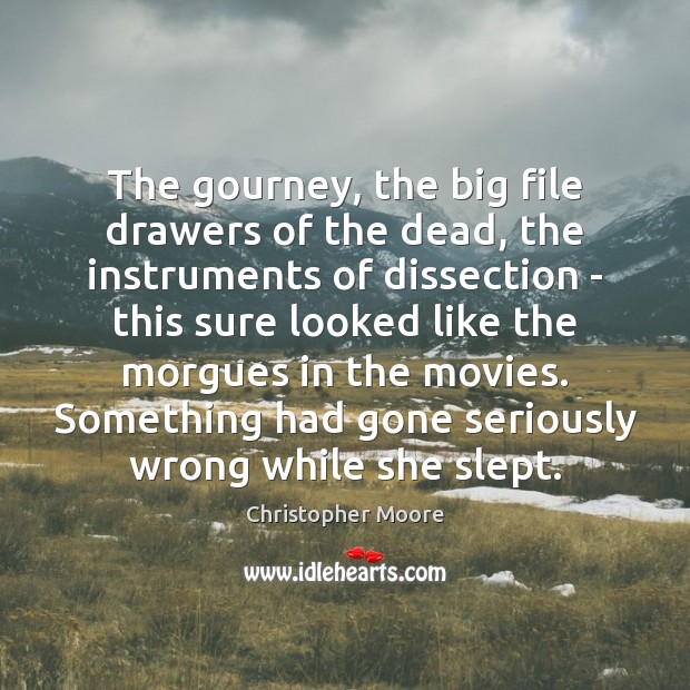 The gourney, the big file drawers of the dead, the instruments of Christopher Moore Picture Quote