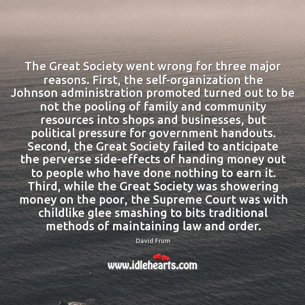 The Great Society went wrong for three major reasons. First, the self-organization David Frum Picture Quote