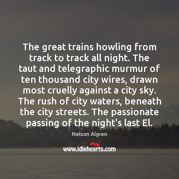 The great trains howling from track to track all night. The taut 