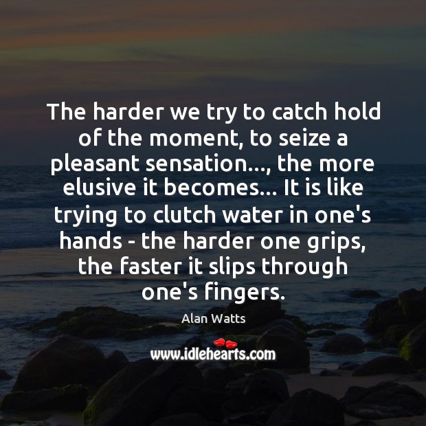 The harder we try to catch hold of the moment, to seize Alan Watts Picture Quote