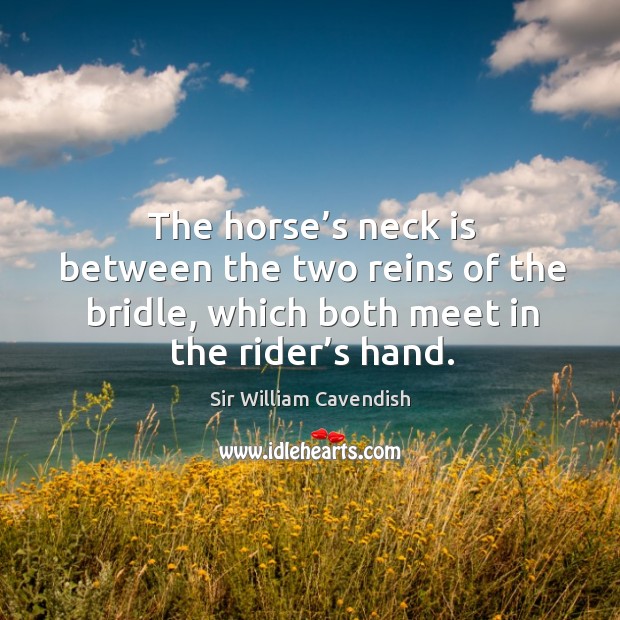 The horse’s neck is between the two reins of the bridle, which both meet in the rider’s hand. Image