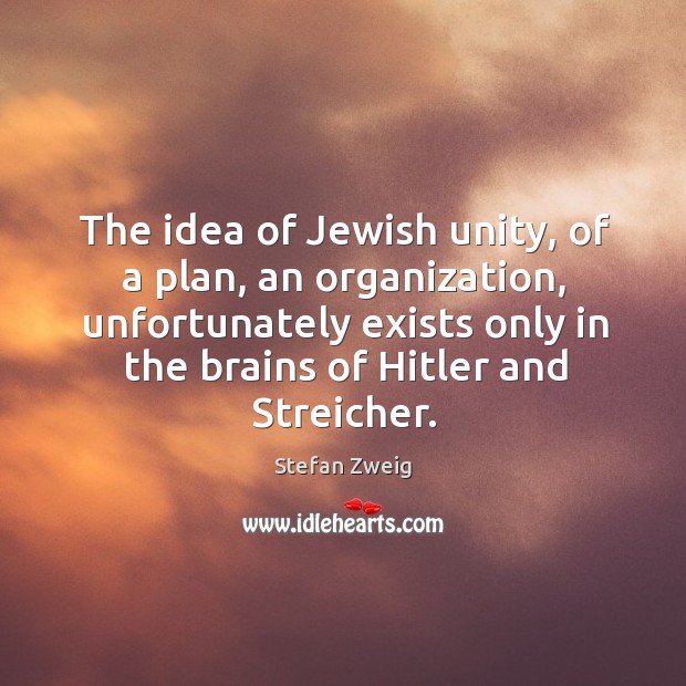 The idea of jewish unity, of a plan, an organization, unfortunately exists only in the brains of hitler and streicher. Stefan Zweig Picture Quote