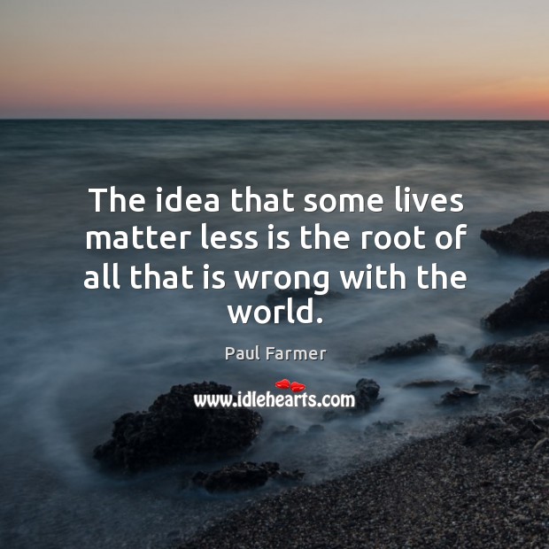 The idea that some lives matter less is the root of all that is wrong with the world. Paul Farmer Picture Quote