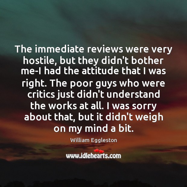 The immediate reviews were very hostile, but they didn’t bother me-I had William Eggleston Picture Quote