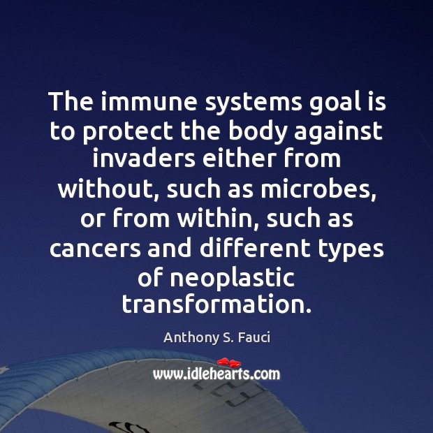 The immune systems goal is to protect the body against invaders either Anthony S. Fauci Picture Quote
