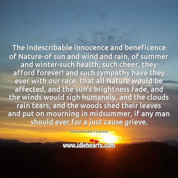 The indescribable innocence and beneficence of Nature-of sun and wind and rain, Henry David Thoreau Picture Quote