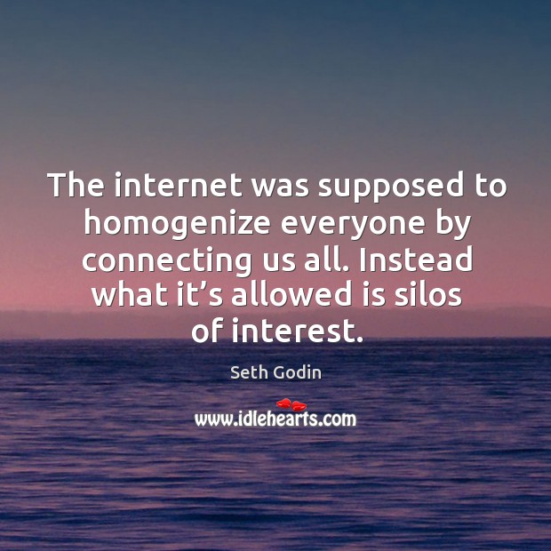 The internet was supposed to homogenize everyone by connecting us all. Instead what it’s allowed is silos of interest. Seth Godin Picture Quote