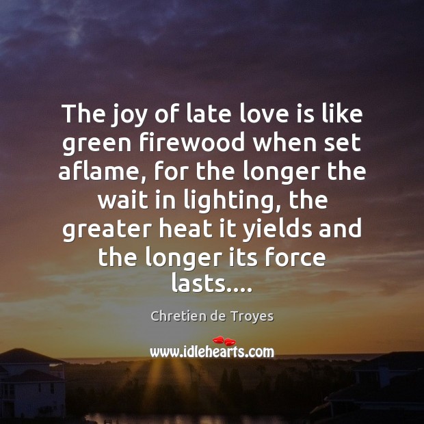 The joy of late love is like green firewood when set aflame, Chretien de Troyes Picture Quote