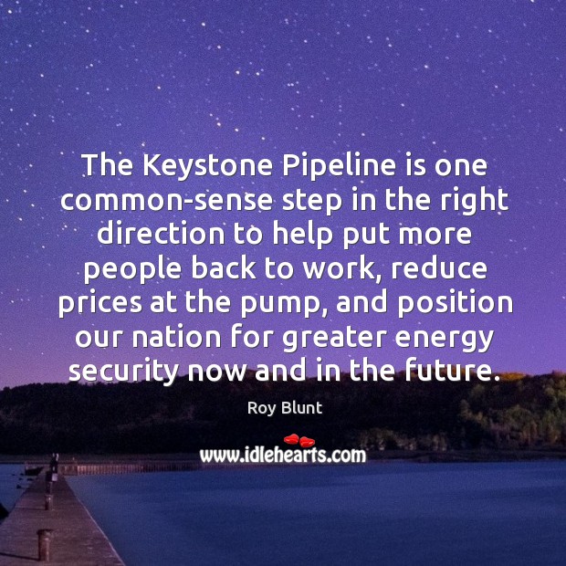 The keystone pipeline is one common-sense step in the right direction to help put more people back to work Roy Blunt Picture Quote