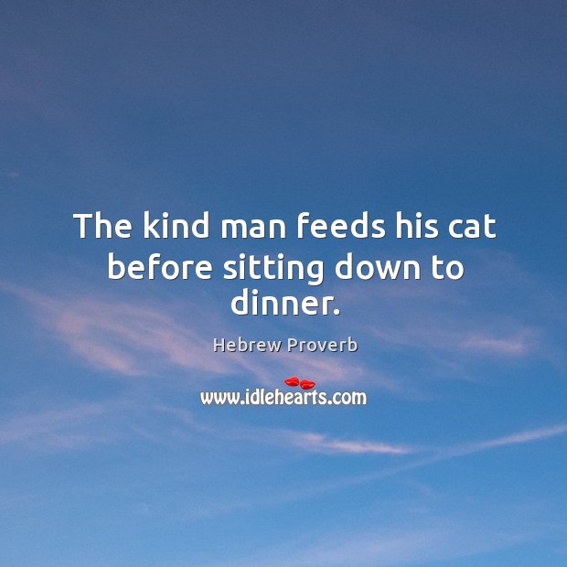 The kind man feeds his cat before sitting down to dinner. Image