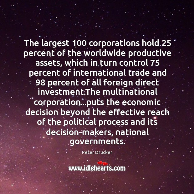 The largest 100 corporations hold 25 percent of the worldwide productive assets, which in Investment Quotes Image