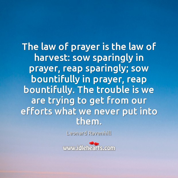 The law of prayer is the law of harvest: sow sparingly in Leonard Ravenhill Picture Quote