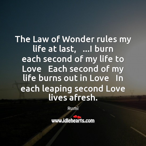 The Law of Wonder rules my life at last,   …I burn each Rumi Picture Quote