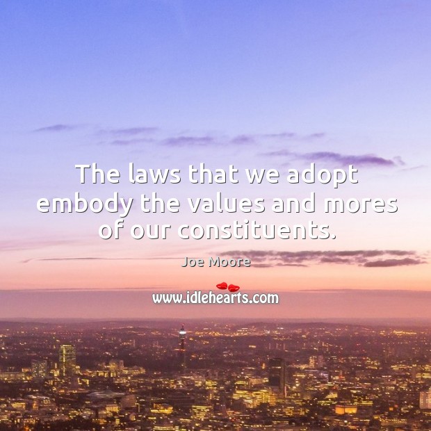 The laws that we adopt embody the values and mores of our constituents. Joe Moore Picture Quote