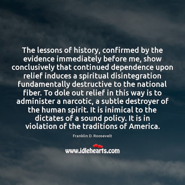 The lessons of history, confirmed by the evidence immediately before me, show Franklin D. Roosevelt Picture Quote
