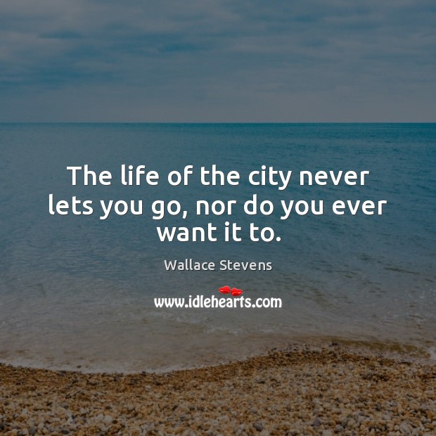 The life of the city never lets you go, nor do you ever want it to. Wallace Stevens Picture Quote
