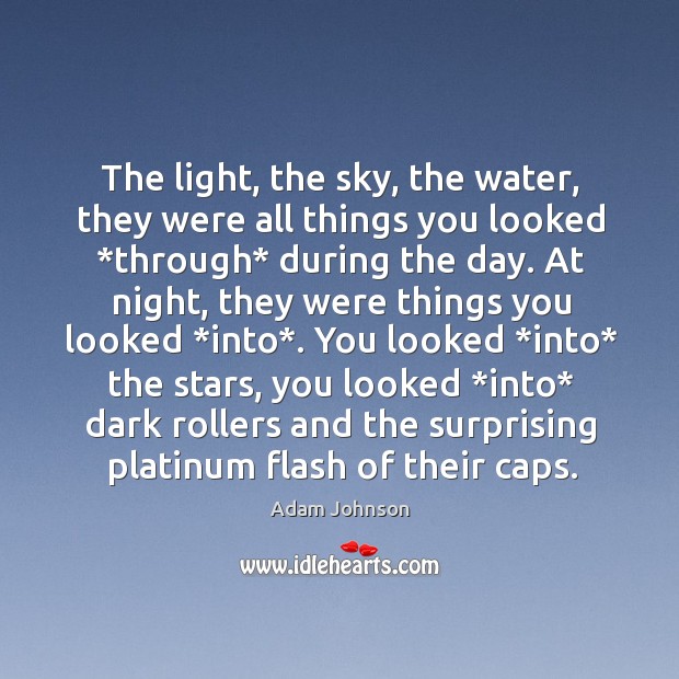 The light, the sky, the water, they were all things you looked * Adam Johnson Picture Quote