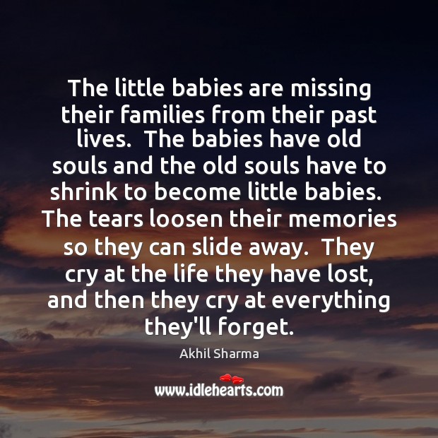 The little babies are missing their families from their past lives.  The Akhil Sharma Picture Quote