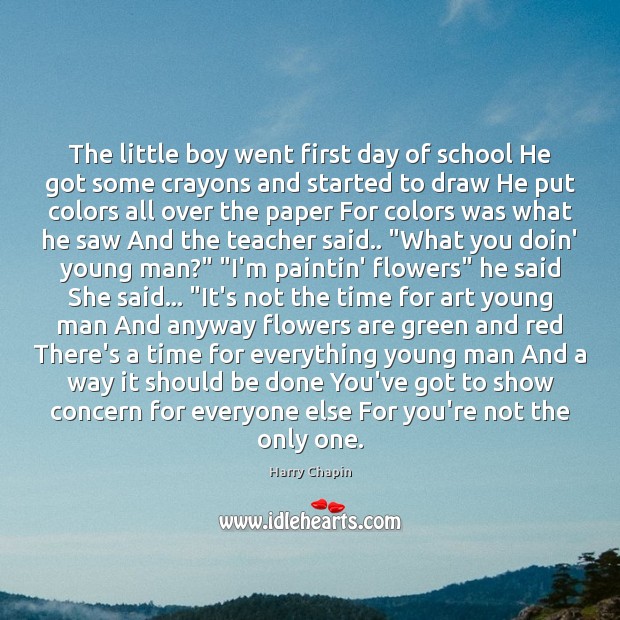 The little boy went first day of school He got some crayons Image