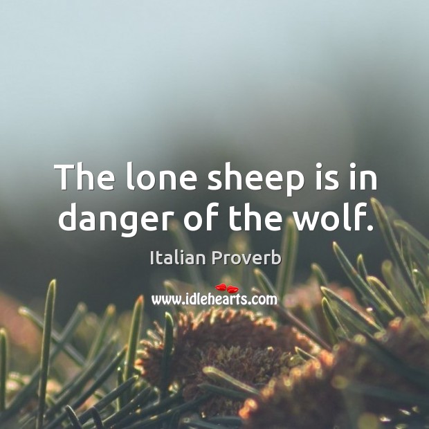 The lone sheep is in danger of the wolf. Italian Proverbs Image