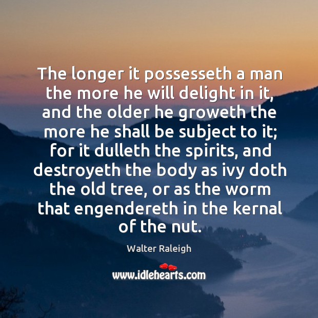 The longer it possesseth a man the more he will delight in Walter Raleigh Picture Quote