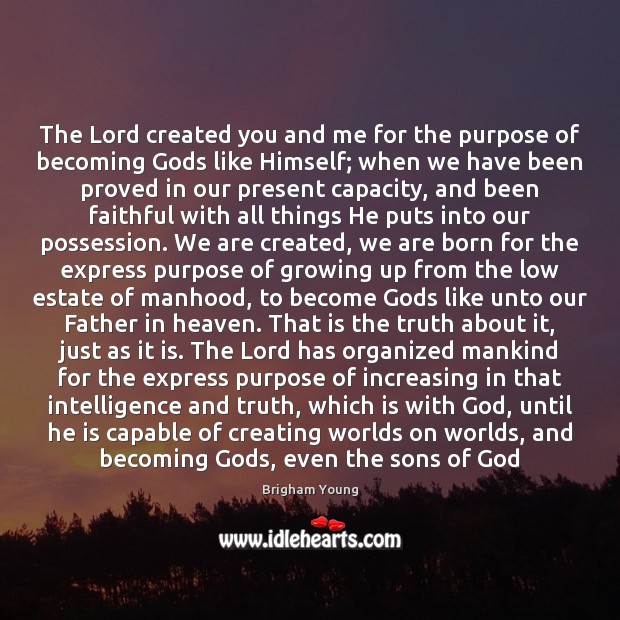 The Lord created you and me for the purpose of becoming Gods Brigham Young Picture Quote