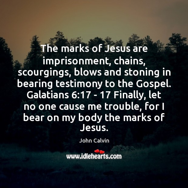 The marks of Jesus are imprisonment, chains, scourgings, blows and stoning in John Calvin Picture Quote