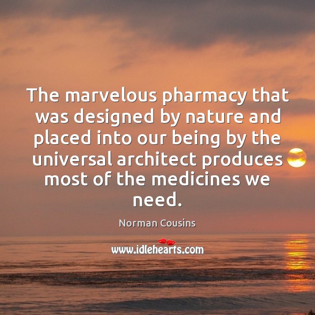 The marvelous pharmacy that was designed by nature and placed into our Norman Cousins Picture Quote