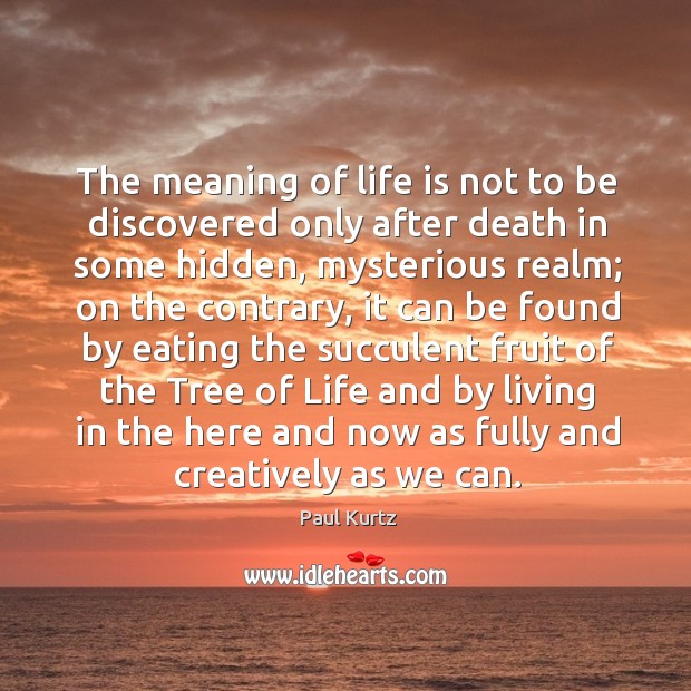 The meaning of life is not to be discovered only after death in some hidden Paul Kurtz Picture Quote