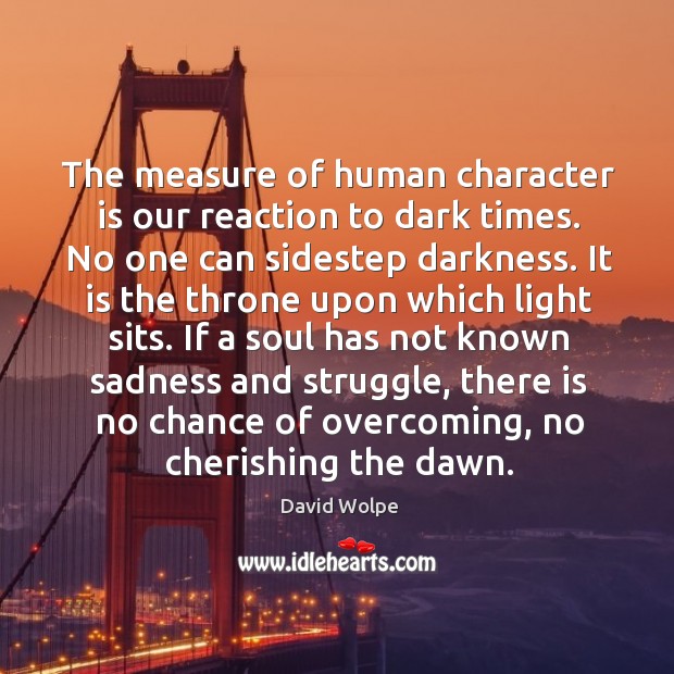 The measure of human character is our reaction to dark times. No Character Quotes Image