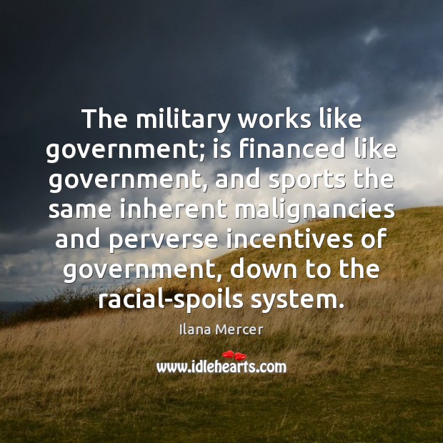 The military works like government; is financed like government, and sports the Ilana Mercer Picture Quote