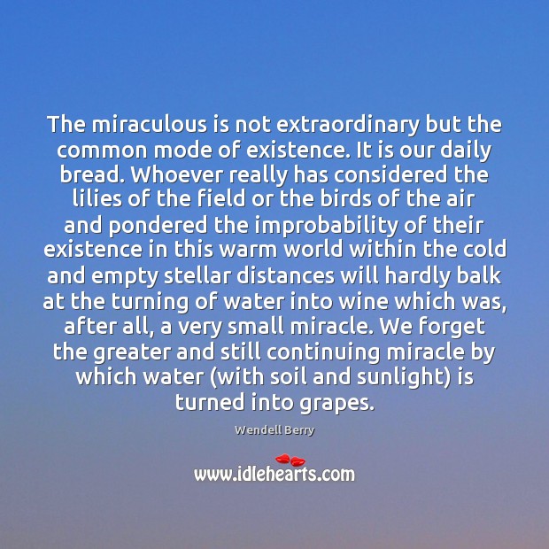 The miraculous is not extraordinary but the common mode of existence. It Wendell Berry Picture Quote