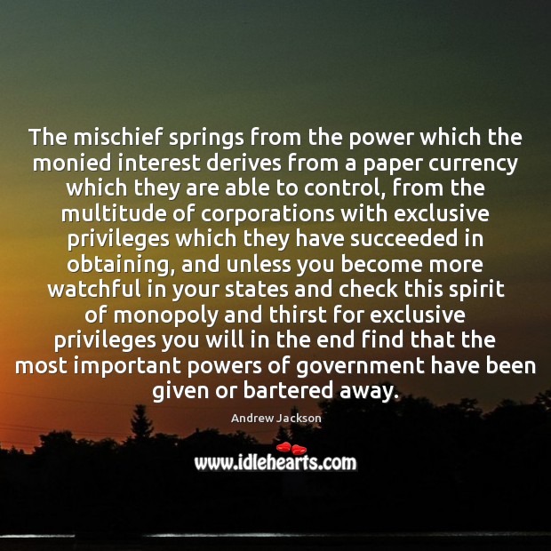 The mischief springs from the power which the monied interest derives from Andrew Jackson Picture Quote