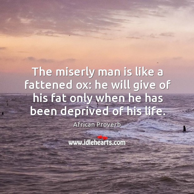 The miserly man is like a fattened ox: he will give of his fat only when he has been deprived of his life. African Proverbs Image
