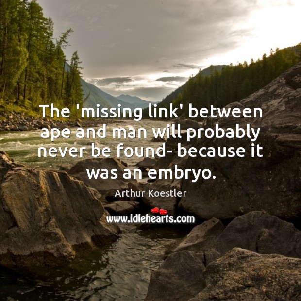 The ‘missing link’ between ape and man will probably never be found- Arthur Koestler Picture Quote