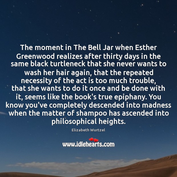 The moment in The Bell Jar when Esther Greenwood realizes after thirty Elizabeth Wurtzel Picture Quote